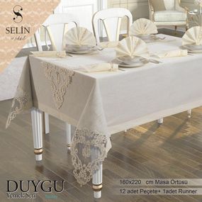 Льняная скатерть с ранером Selin Selin Duygu Set 160×350+12 салфеток бежевая