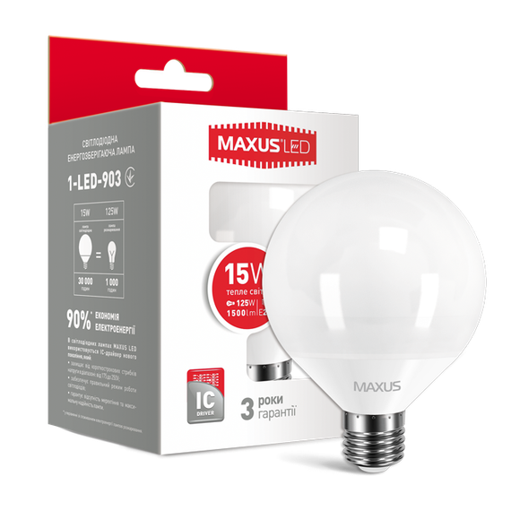 ЛАМПА СВЕТОДИОДНАЯ MAXUS G95 15W 4100K 220V E27 (1-LED-904)