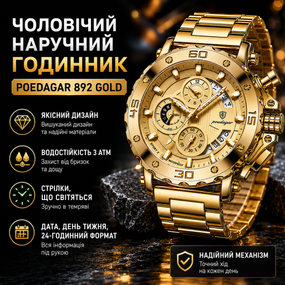 Чоловічий наручний годинник Poedagar 892 Gold зі стрілками, що світяться в темряві, золотистий металевий браслет
