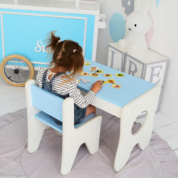 Набір дитячих меблів столик з ящиком та стільчик 70×45×51, стіл та стілець для дітей, білий з блакитним | Зображення 3