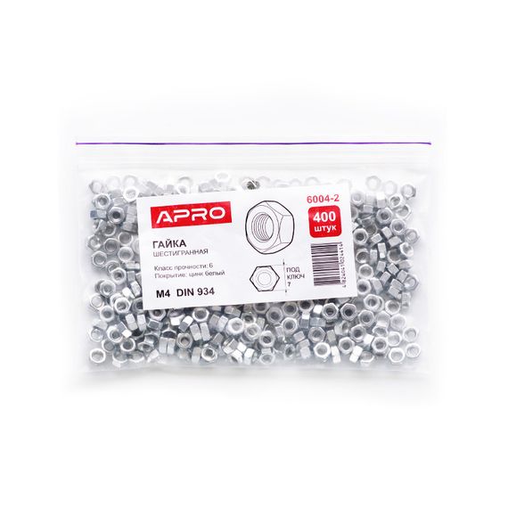 Гайка шестигранная м²0 DIN 934 кл. пр. 6 цинк белый (пач 5шт) APRO | Зображення 3