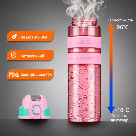 Спортивная бутылка KANGZYUAN 1000 мл (1 л) - Розовая Tritan BPA-free, ударопрочная эко-бутылка с трубочкой и ремешком | Зображення 6