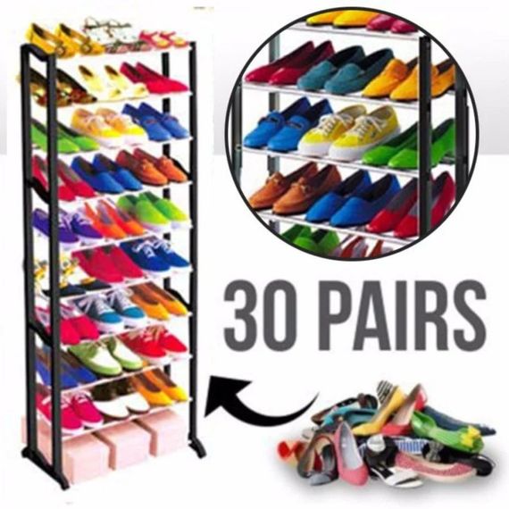 Стойка подставка органайзер для хранения обуви Shoe Rack 10 полок на 30 пар обуви Черная | Зображення 1