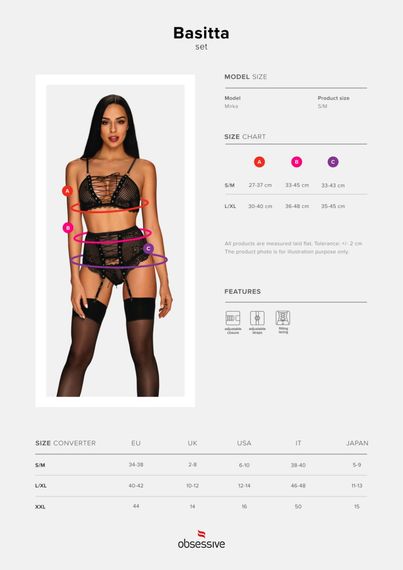 Комплект зі шнурівкою та поясом для панчох Obsessive Basitta, чорний, L/XL | Зображення 8