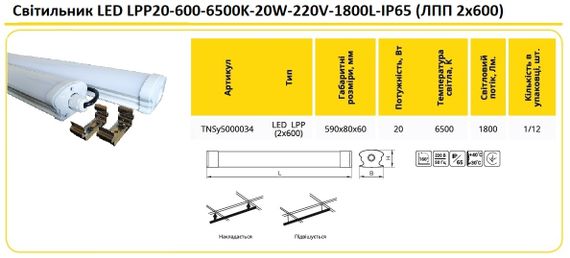 Светильник LED LPP20-600 6500K 20W 1800L IP65 Ny95000034 | Зображення 1