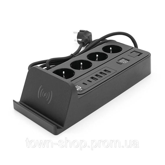 Сетевой фильтр G12H, 4 Socket + 4 USB 3,2А + 2 Type-C + беспроводная зарядка + таймер, 2м, Black, Box | Зображення 2