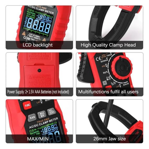 Мультиметр Затискний вимірювач HT208D DC1000В/1000A, AC750В/1000A Digital clamp meter для сонячних панелей | Зображення 3