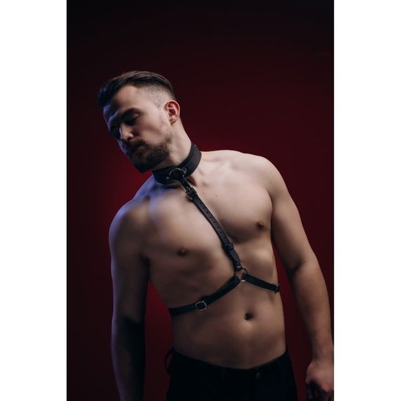 Портупея с ошейником мужская One Size Р7 , натуральная кожа, черная sexstyle