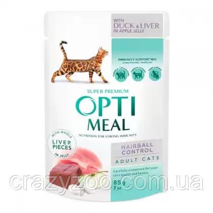 Консерва для дорослих котів OptiMeal Adult Hairball Control шерстьовивідний качка зі шматочками печінки в яблучному