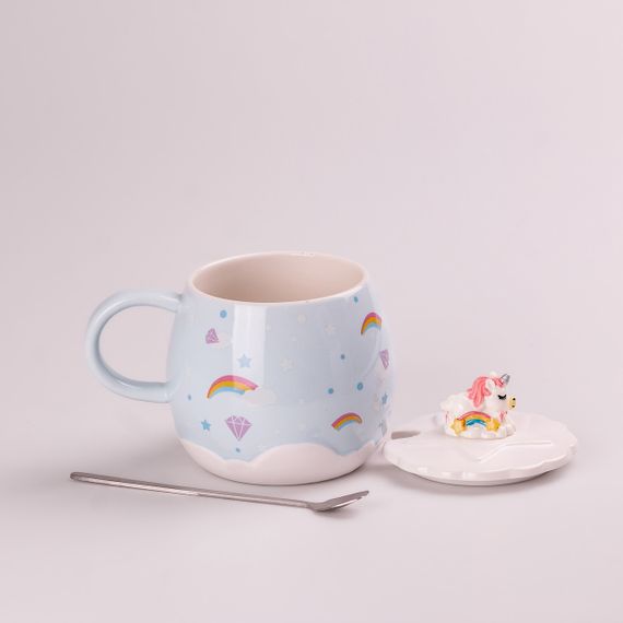 Чашка керамічна Rainbow Ceramic Mug 400ml з кришкою і ложкою Блакитний | Зображення 1
