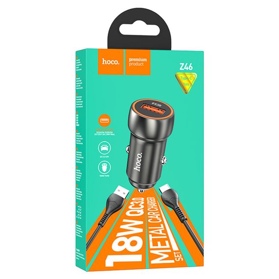 Набір АЗУ 12-24V HOCO Z46 + кабель Type-C, 1xUSB, 18W, кабель 1м, Black, Box | Зображення 1