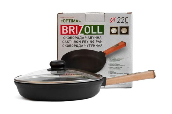 Сковорода чавунна Brizoll Optima 22 см O2240-P-C зі скляною кришкою для всіх плит
