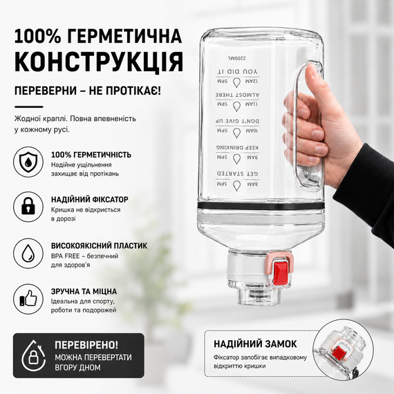 Спортивная Бутылка 2200 мл (Gallon) из белого прозрачного и безопасного пластика (BPA Free) | Зображення 2
