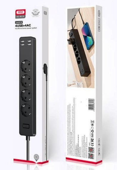 Мережевий подовжувач фільтр XO WL06 1,8 м 3 розетки 4 USB Чорний | Зображення 2
