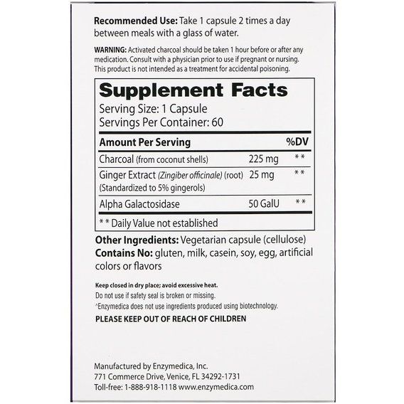 Покращення роботи кішківника Enzymedica Purify, Activated Coconut Charcoal+ 60 Caps ENZ-10065 | Зображення 1