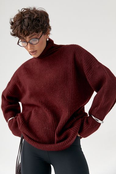 Тепла в'язана туніка в рубчик - бордо цвет, ONE SIZE (є розміри) | Зображення 1