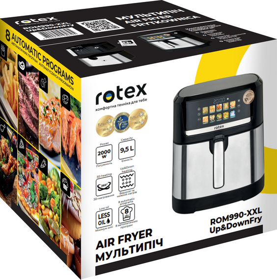 Мультипечь Rotex ROM990-XXL Up&DownFry 9.5 л аэрофритюрница для быстрого приготовления блюд 2000 Вт Черный | Зображення 4