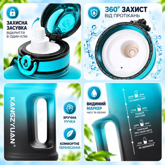 Бутылка для воды KANGZYUAN 2500 мл синяя, спортивная, Tritan без BPA, ударопрочная, с ручкой и ремешком | Зображення 3