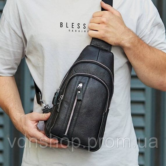 Сумка-слінг чоловіча на одне плече 18х32х7, рюкзак нагрудний з натуральної шкіри 74521 чорний