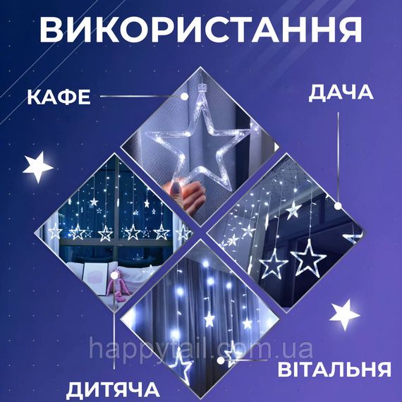Гирлянда штора 3х0,7 м Звезды на 108 LED лампочек светодиодная 6 больших и 6 маленьких звезд 9В 8 режимов 1733053ML Белый | Зображення 1