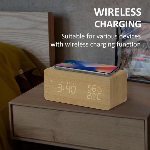 Цифровой будильник LAOPAO с беспроводной зарядкой, LED-дисплеем, 3 будильниками, температуры и влажности | Зображення 1