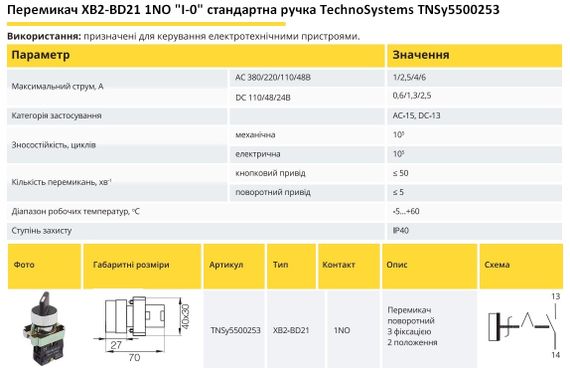 Переключатель XB2-BD21 1NO "I-0" стандартная ручка Ny95500253 | Зображення 1