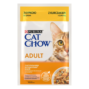 Вологий корм Cat Chow Adult для котів з куркою та цукіні. Ніжні шматочки в желе 78х85г