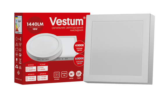 Квадратний світлодіодний накладний світильник Vestum 18W 6000K 220V 1-VS-5407 | Зображення 1