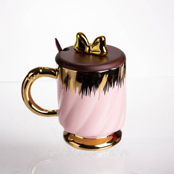 Новогодняя фарфоровая чашка "Золотой Вихрь" 450 мл с крышкой и ложкой Yiwu FM-23B | Зображення 2