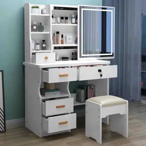 Стол макияжный с LED-зеркалом и пуфиком (STL-MD 87), белый, прямоугольный