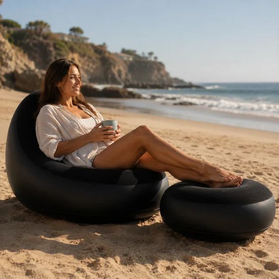 Надувной диван AIR SOFA с насосом чёрный • Велюровое надувное кресло-диван для дома, дачи, отдыха, пляжа и кемпинга | Зображення 4