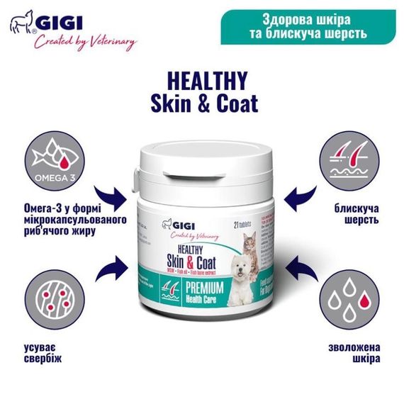 Витамины для шерсти и кожи у кошек и собак GiGi Healthy Skin & Coat 21 табл | Зображення 1