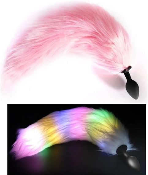 Силиконовая анальная пробка с розовым светящимся лисьим хвостом