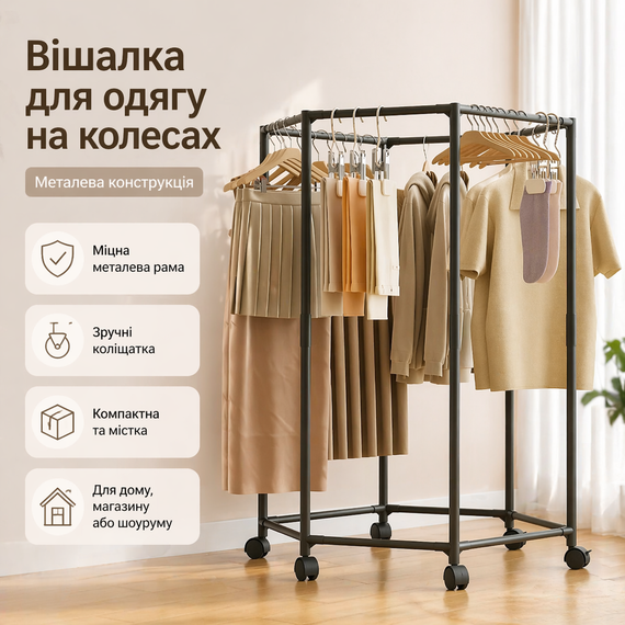 Вішалка для одягу металева на колесах підлогова стійка для речей кругова для дому, магазину та шоуруму 120 см