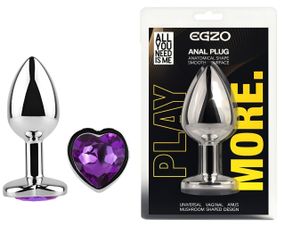 Анальна пробка з кристалом EGZO - Silver Heart Plug Purple size S Sex Aura