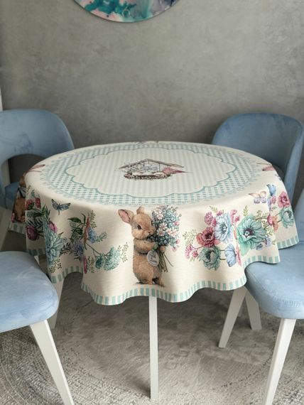 Скатертина гобеленова BLUE BUNNIES Limaso, Ø160, Кругла, Великодній, Без люрексу, 40% поліестер, 60% бавовна, Гобелен | Зображення 1