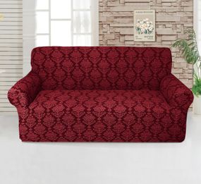 Чехол на диван трехместный (3-х местный) универсальный жаккардовый без оборки Love You бордовый (81121)