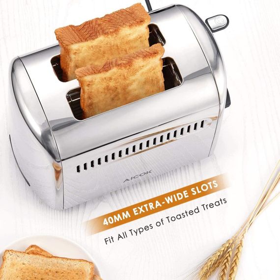 Тостер Aicok на 2 ломтика, из нержавеющей стали с выдвижным поддоном для крошек, 7 настроек 850 Вт серебристый | Зображення 1