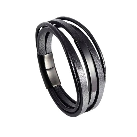 Мужской кожаный браслет Primo Jewelry Punk с магнитной застежкой - Black