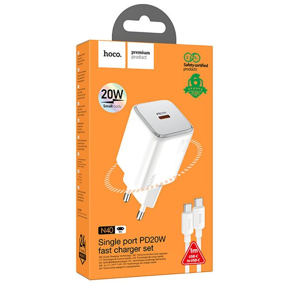СЗУ Hoco N40 Mighty PD20W (1USB-C) + кабель Type-C to Type-C White | Зображення 3