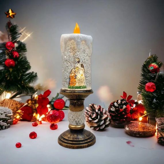 Декоративна новорічна LED свічка зі снігом, 25см, від батарейок та USB | Зображення 2