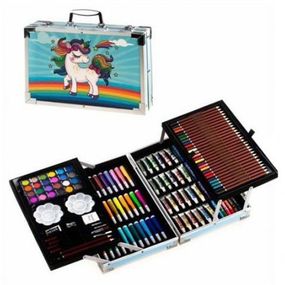 Набір для творчості в алюмінієвій валізі Єдиноріг 145 предметів, чемодан для малювання дитячий кейс. YW-195 Колір: блакитний