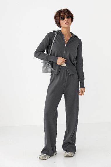 Трикотажний костюм із коротким кардиганом на блискавці та широкими штанами - темно-сірий цвет, ONE SIZE (є розміри)