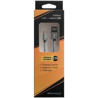 Дата кабель USB 2.0 AM to Micro 5P 1.0m Grey/Black Grand-X (FM02) (FM02) | Зображення 3