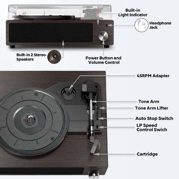 Вініловий програвач платівок FYDEE з Bluetooth, вбудовані стереодинаміки 2×3 Вт, RCA AUX, 3 швидкості, автостоп ретро | Зображення 5