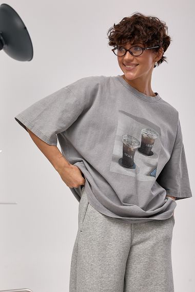 Оверсайз футболка з принтом "Coffee Cups" - сірий цвет, ONE SIZE (є розміри)