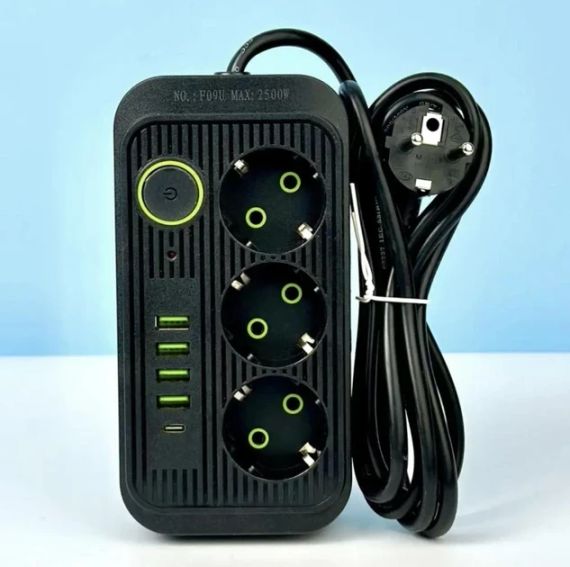 Мережевий фільтр живлення UA Power Socket F09U на 185 см 3 розетки +4USB +Type-C Port, мережевий подовжувач | Зображення 1