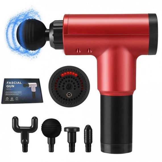Акумуляторний масажер Fascial Gun KH-320 портативний ручний ударний м'язовий пістолет 4 насадки червоний