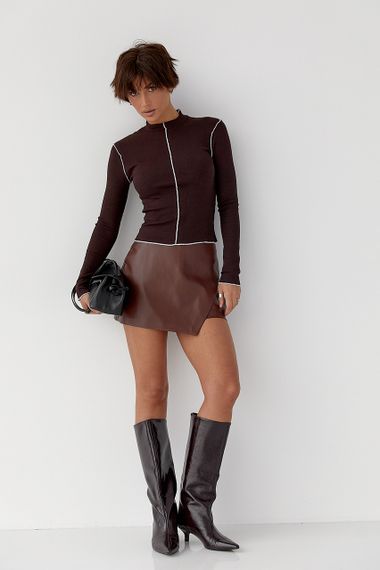 Лонгслів у рубчик з контрастними швами назовні - коричневий цвет, M (є розміри) | Зображення 2