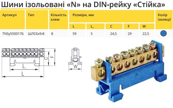 Шина ізольована "стійка" N «на DIN-рейку ШЛС 6х9-8 Ny95500176 | Зображення 1
